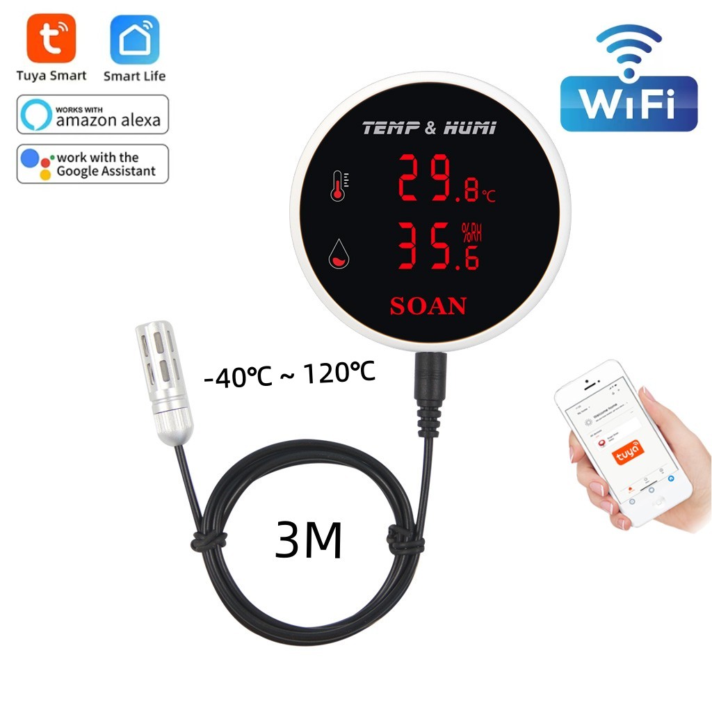 Digital Hygrometer Probe - Tuya-アラーム付き温度計,Wi-Fi,湿度センサー付き外部プローブ,3m,LCDスクリーン,リモコン,室内温度計,湿度計,スマートライフアプリ