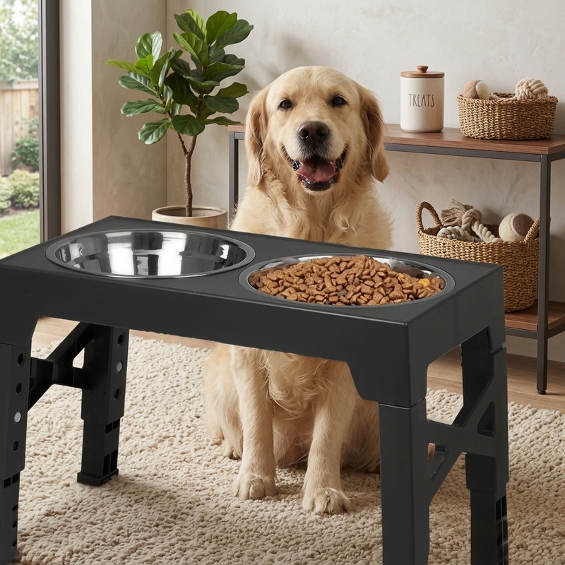 高さ調節可能な犬用食器台。ステンレス製の食器2個付き。小型犬 - Royal Canin Food Medium のレビューと価格